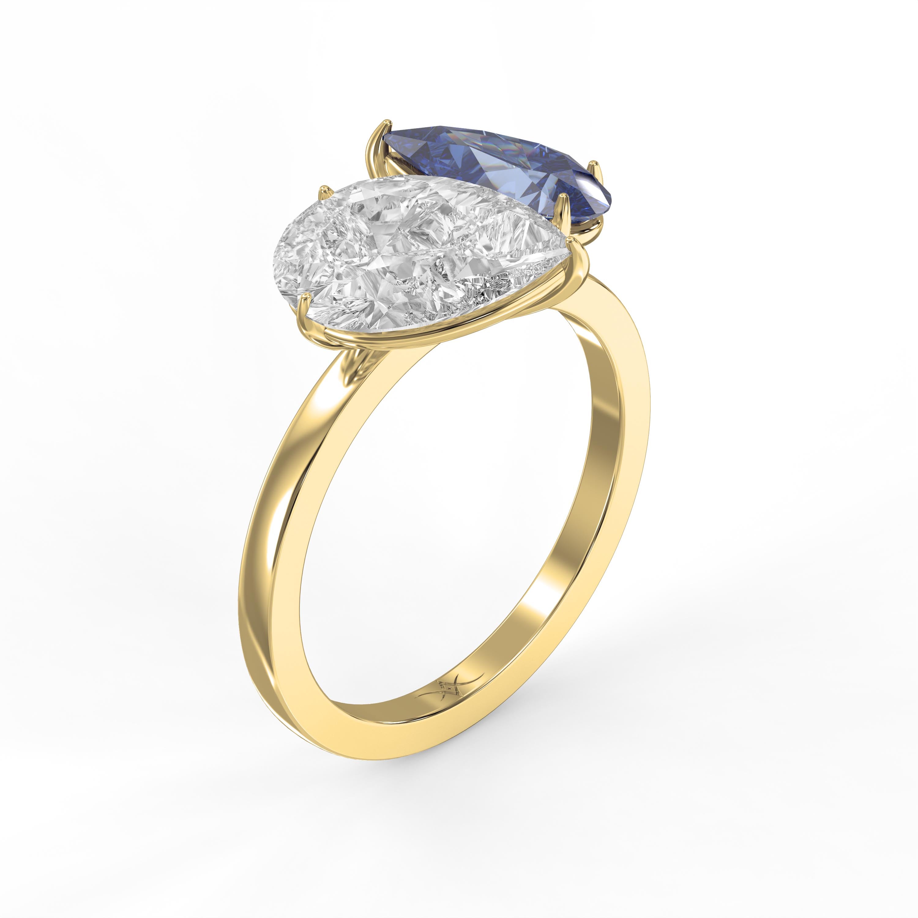 Luxury Toi et Moi Ring with Blue Sapphire and Pear Shape Diamond