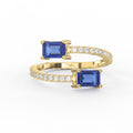 Emerald Cut Blue Sapphire Double Stone Pave Wrap Ring