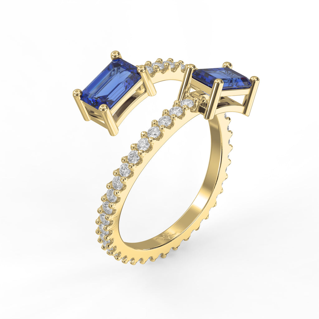 Emerald Cut Blue Sapphire Double Stone Pave Wrap Ring