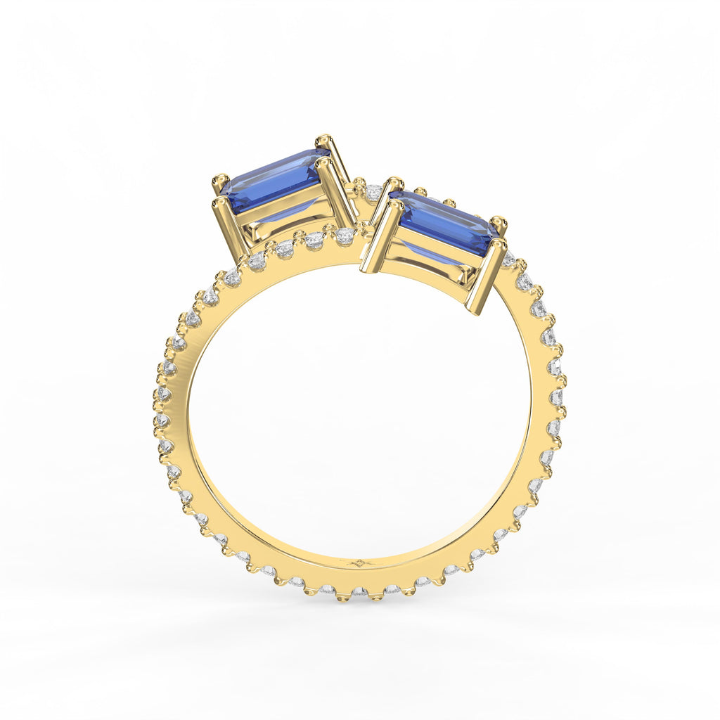 Emerald Cut Blue Sapphire Double Stone Pave Wrap Ring