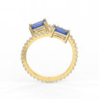 Emerald Cut Blue Sapphire Double Stone Pave Wrap Ring
