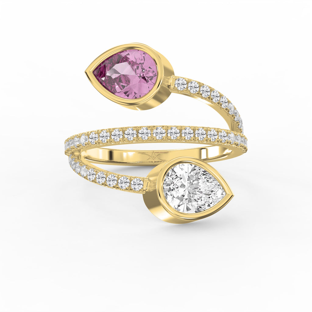 Elegant Wrap Style Dual Pear Shape Diamond Ring with Pink Gemstone