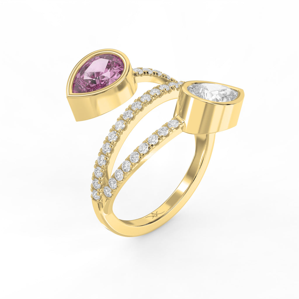 Elegant Wrap Style Dual Pear Shape Diamond Ring with Pink Gemstone