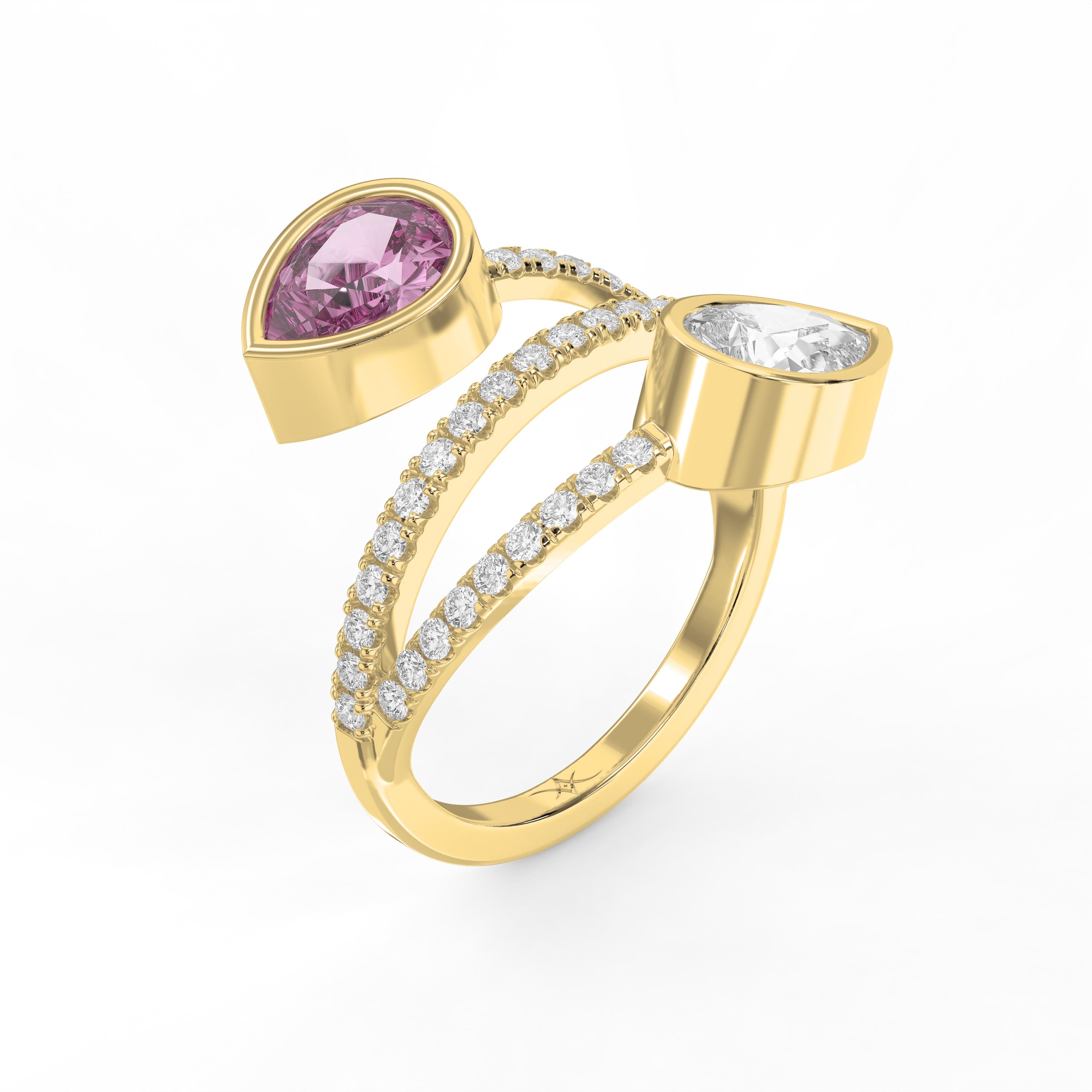 Elegant Wrap Style Dual Pear Shape Diamond Ring with Pink Gemstone