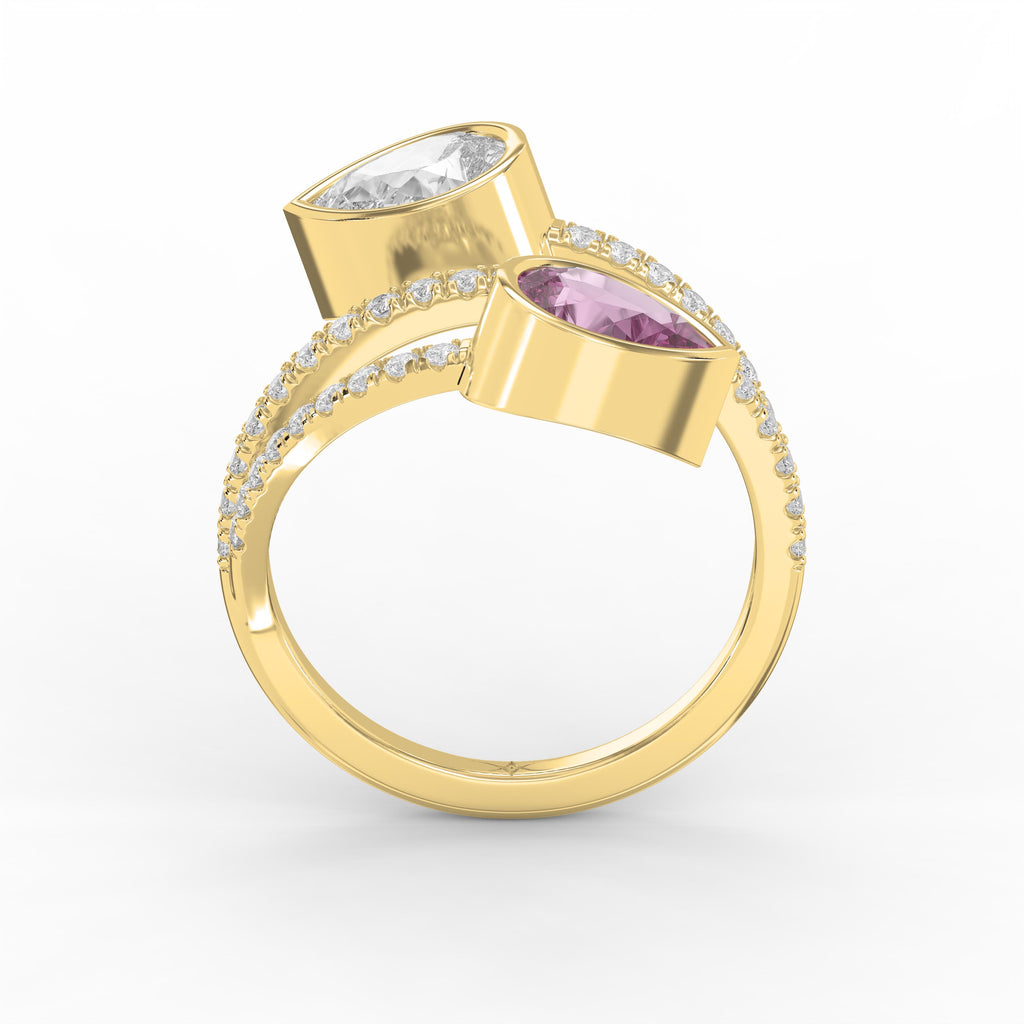 Elegant Wrap Style Dual Pear Shape Diamond Ring with Pink Gemstone