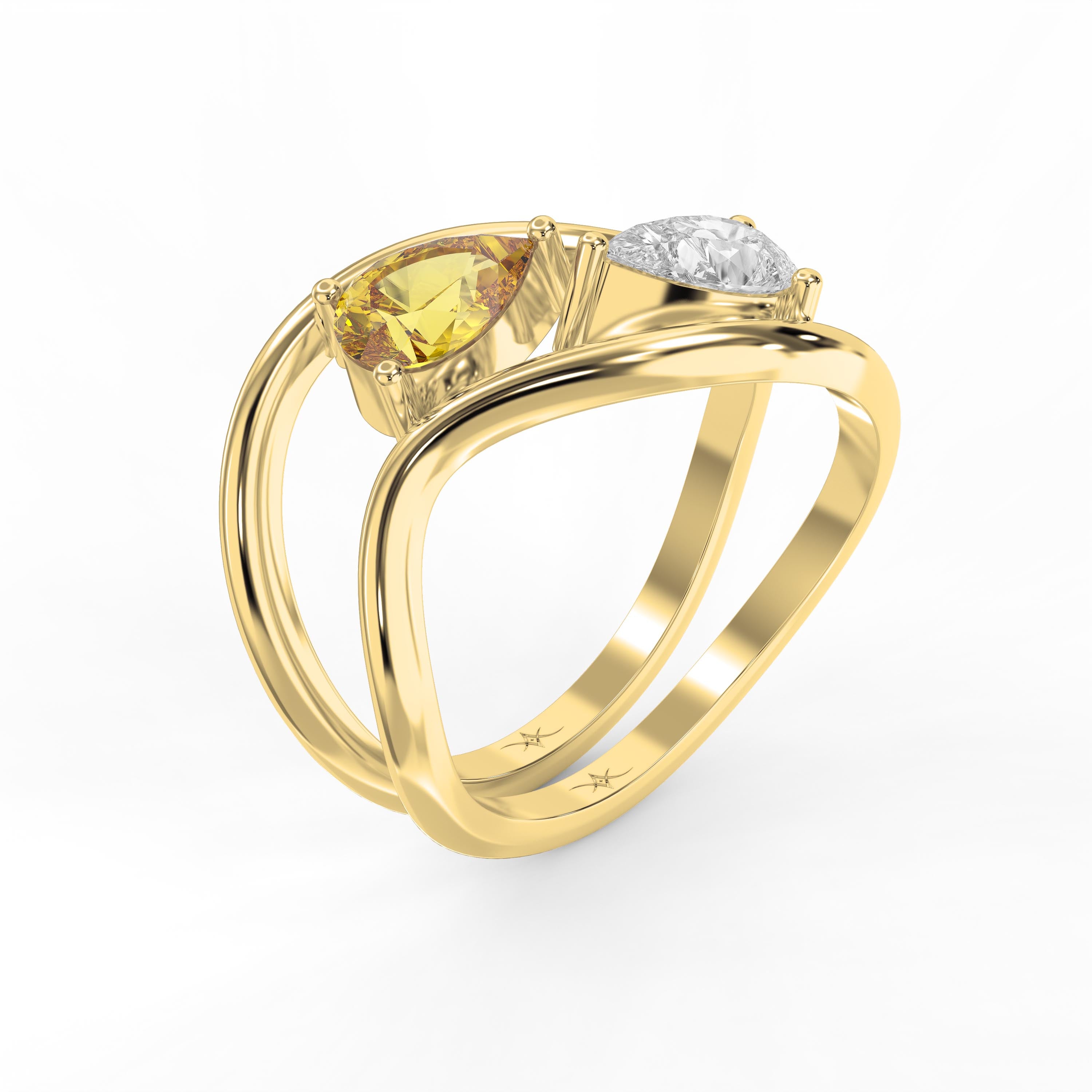 Modern Bypass Pear Cut Yellow & White Diamond Toi et Moi Ring