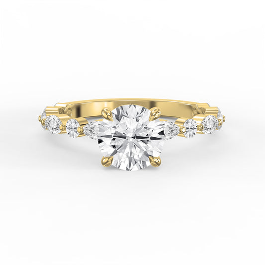 Elegant Round Prong Set Diamond Ring with Marquise Accents Side Stone Engagement Ring