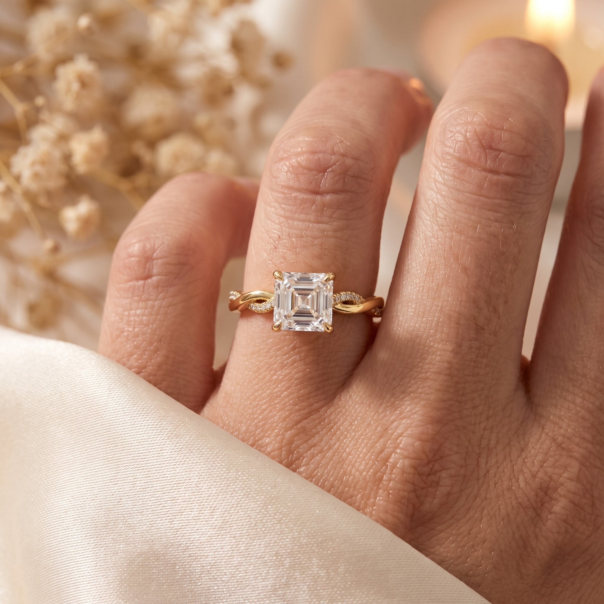 Asscher Cut Twist Pavé Diamond Side Stone Engagement Ring