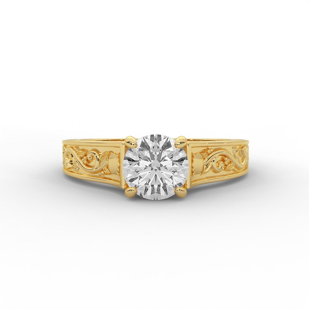 Vintage Floral Engraved Round Cut Diamond Engagement Ring