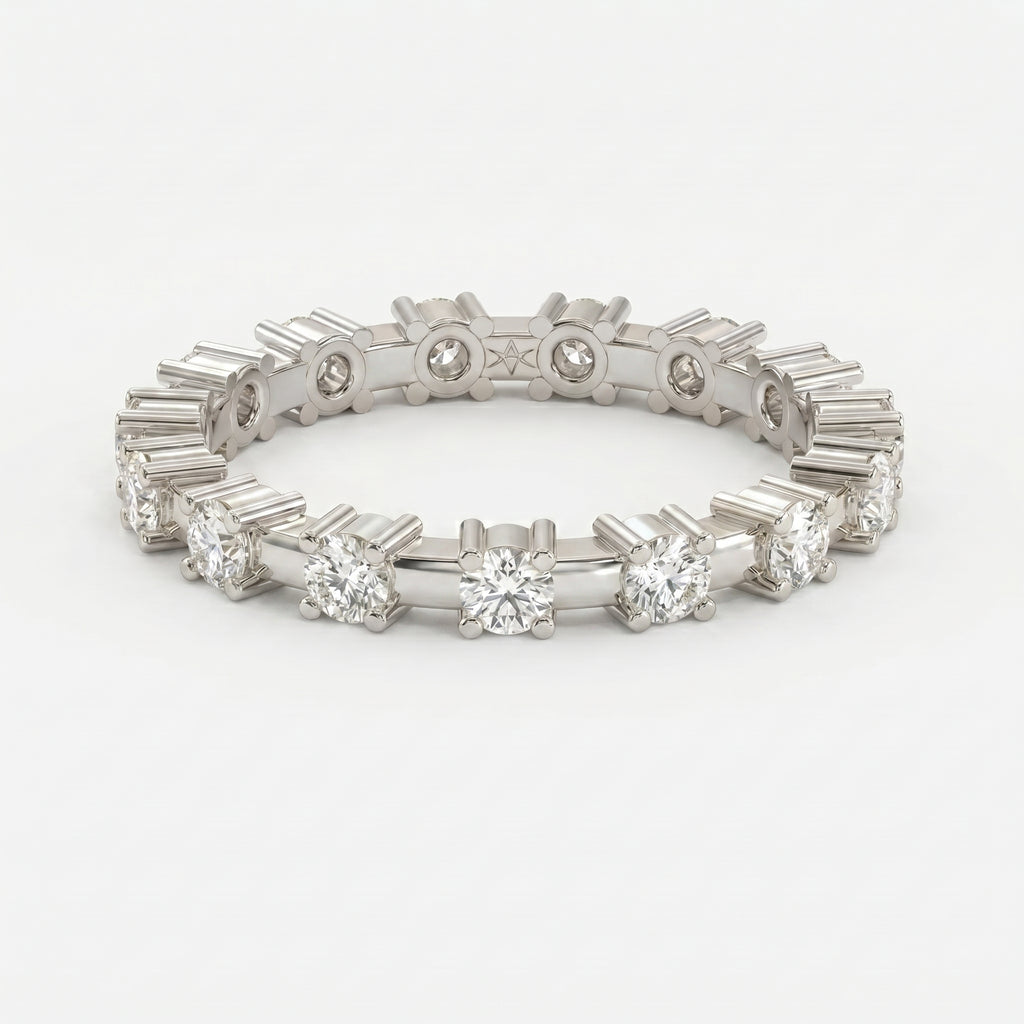 Side profile of diamond eternity wedding band showing elevated shared-prong setting and polished gold finish.