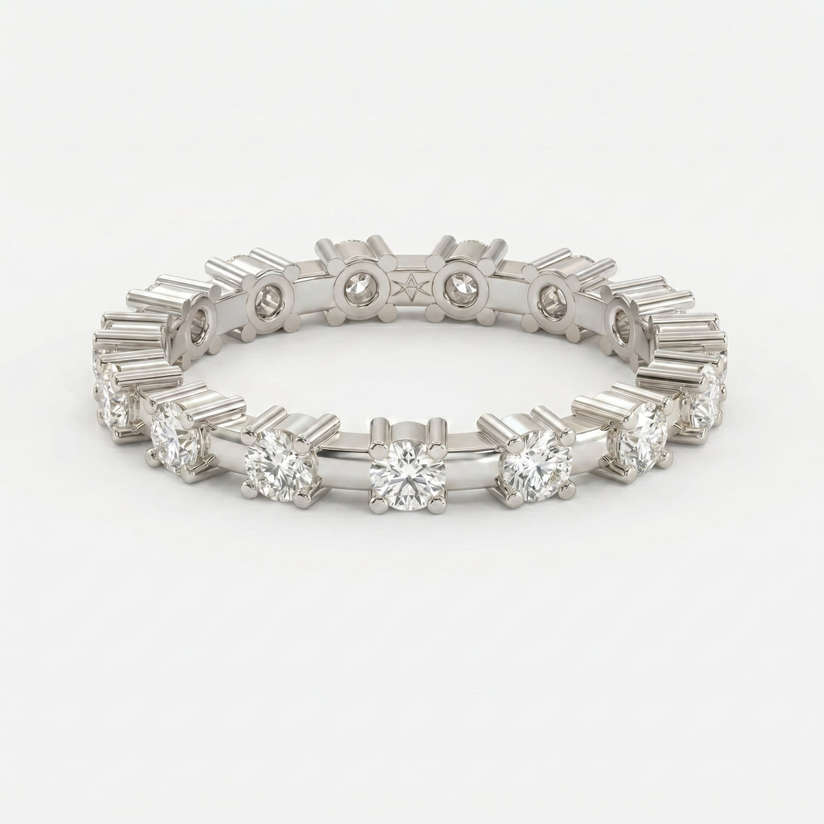 Side profile of diamond eternity wedding band showing elevated shared-prong setting and polished gold finish.