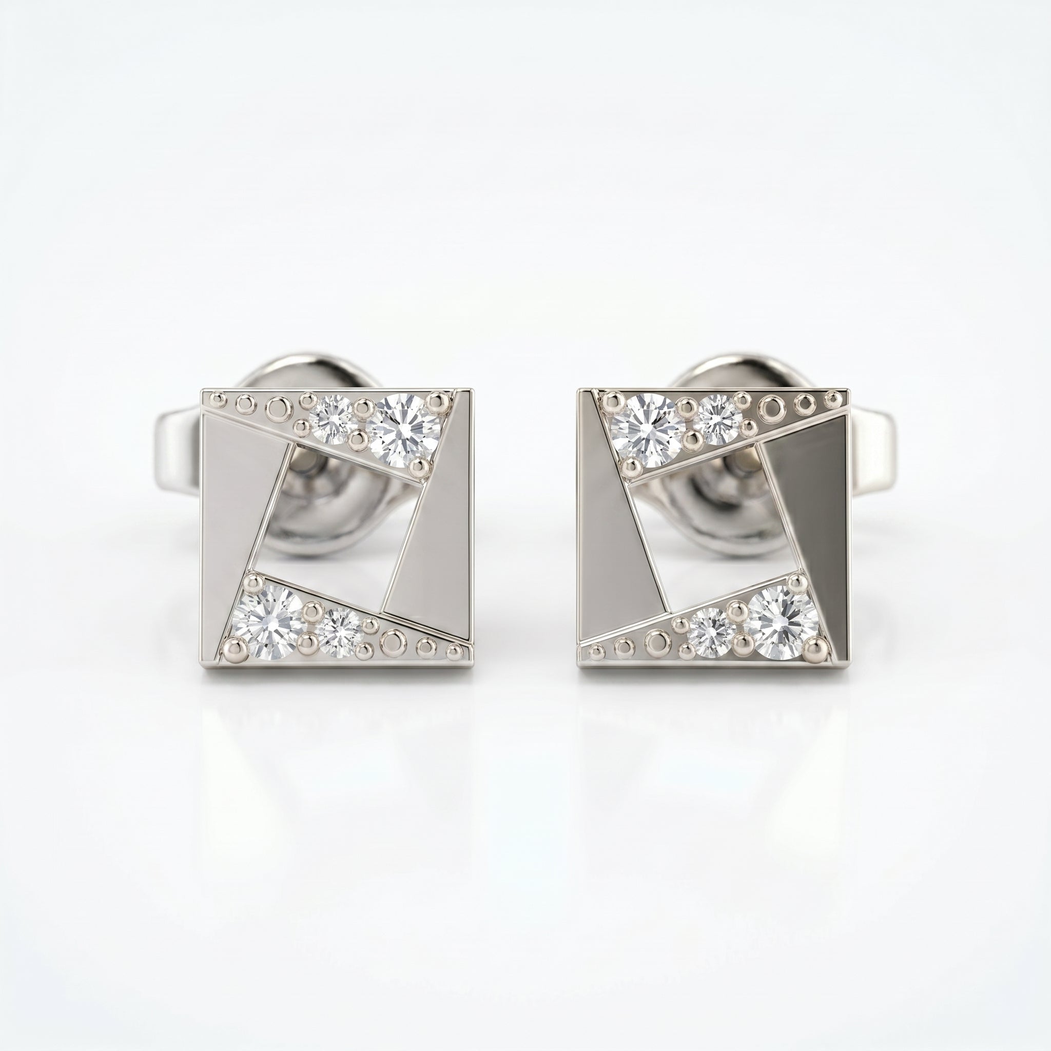 White gold square stud earrings with diamond accents shown at 45-degree angle on white background