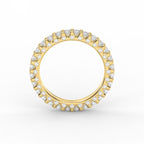 Yellow gold diamond eternity band featuring round brilliant diamonds in a shared prong setting for weddings and stacking.