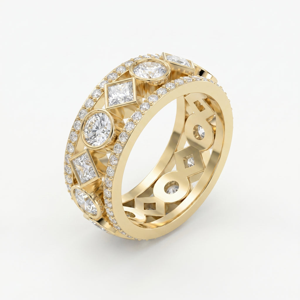 Wide yellow gold diamond statement ring featuring mixed-cut diamonds and premium architectural design
