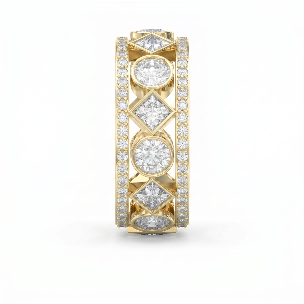 Side profile of luxury yellow gold diamond eternity ring showing open gallery and geometric settings