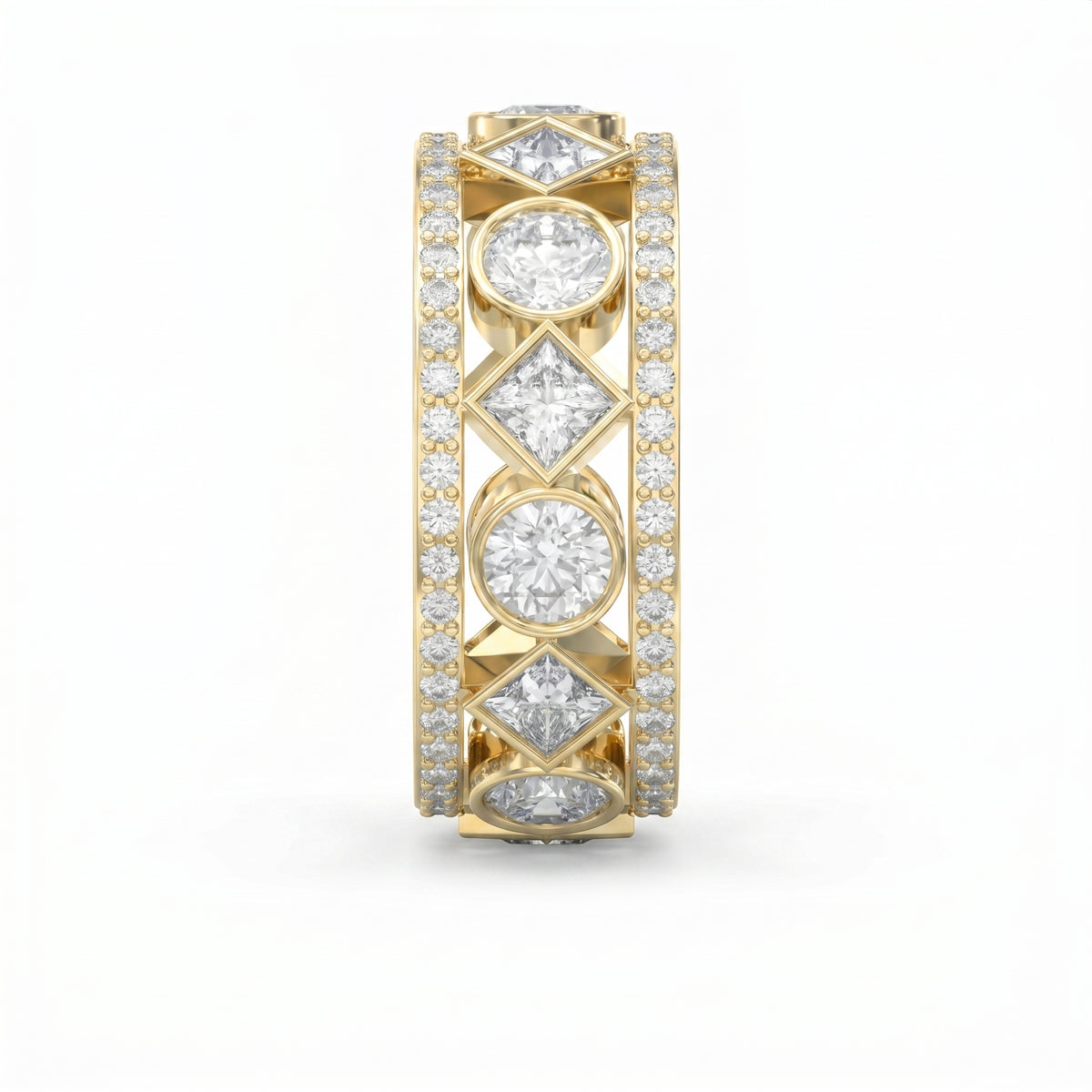 Side profile of luxury yellow gold diamond eternity ring showing open gallery and geometric settings