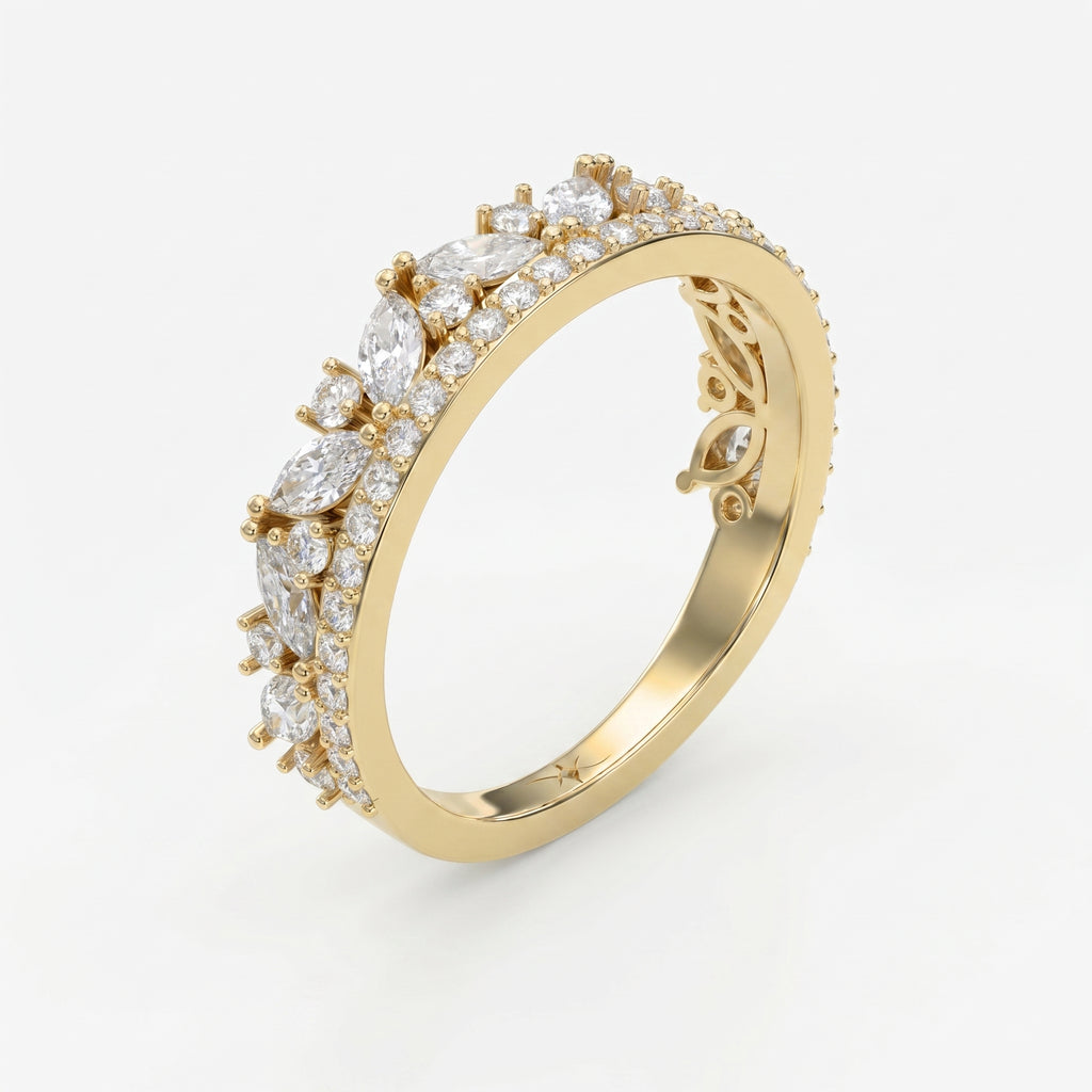 Yellow gold diamond wedding band featuring marquise and round diamonds in a premium angled studio view