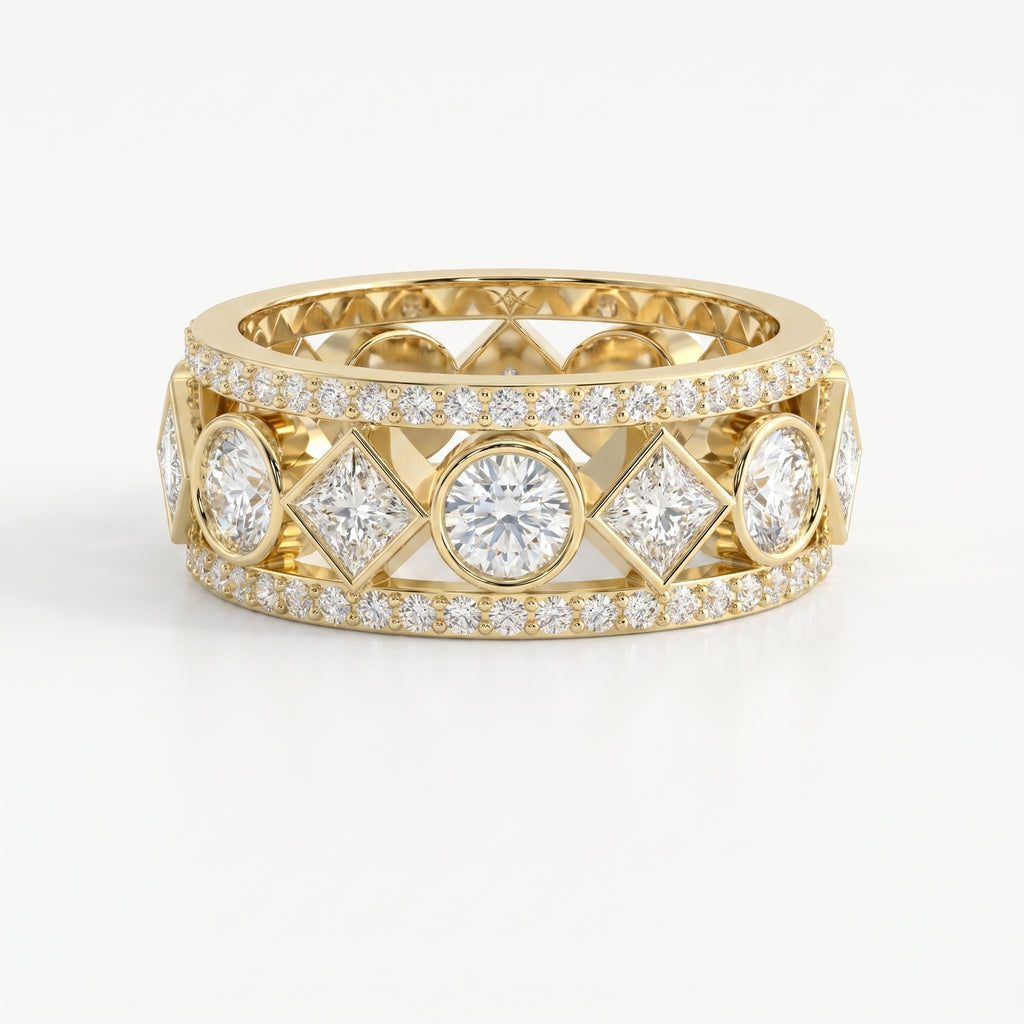 Luxury yellow gold diamond eternity band with round and princess cut diamonds in geometric bezel settings