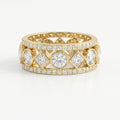 Luxury yellow gold diamond eternity band with round and princess cut diamonds in geometric bezel settings
