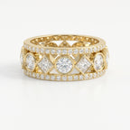 Luxury yellow gold diamond eternity band with round and princess cut diamonds in geometric bezel settings