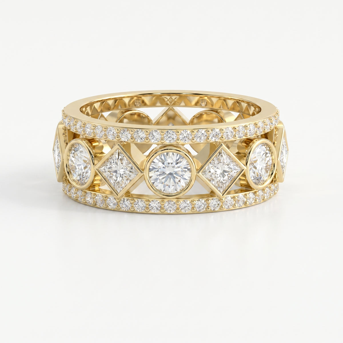 Luxury yellow gold diamond eternity band with round and princess cut diamonds in geometric bezel settings