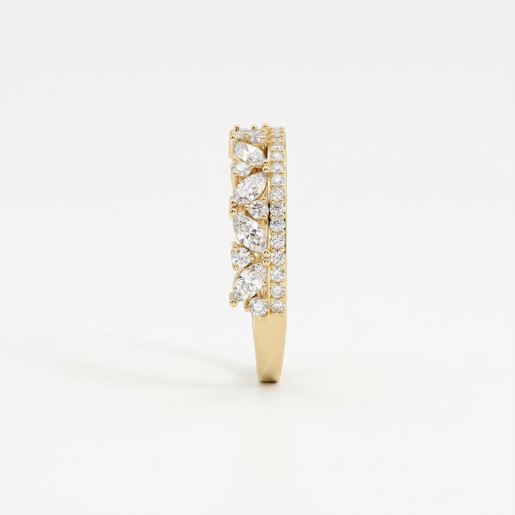 Side profile of yellow gold diamond wedding band showing elevated settings and detailed craftsmanship