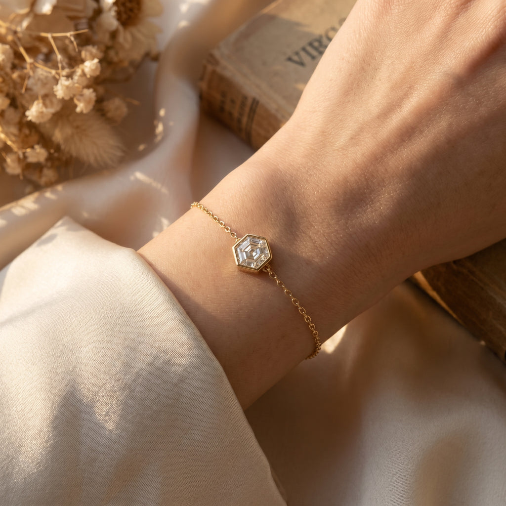 Close-up of adjustable clasp and delicate chain detail on minimalist crystal bracelet in rose gold