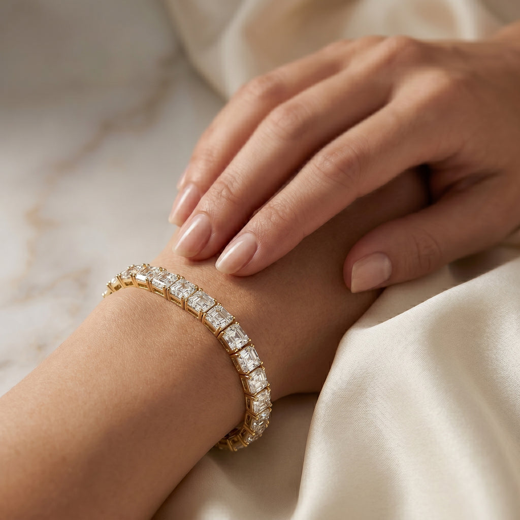 Secure box clasp detail on asscher cut diamond tennis bracelet with premium fine jewelry craftsmanship