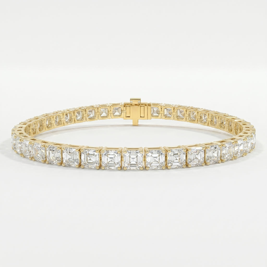 Asscher cut tennis bracelet in polished yellow gold featuring brilliant square stones on a luxury white background.