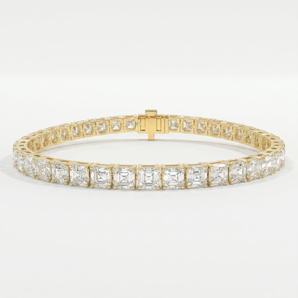 Asscher cut tennis bracelet in polished yellow gold featuring brilliant square stones on a luxury white background.
