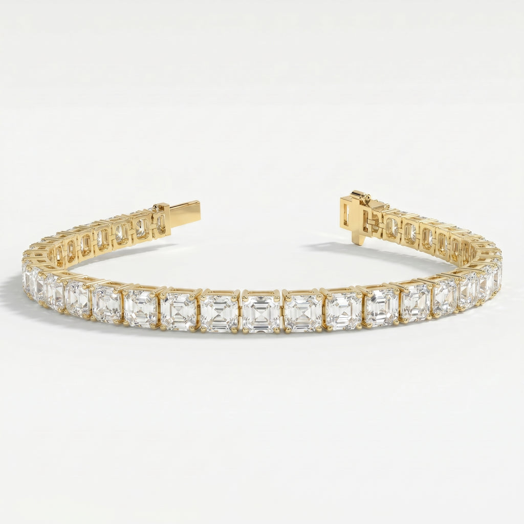 Side profile of yellow gold tennis bracelet displaying secure stone settings and premium jewelry construction.