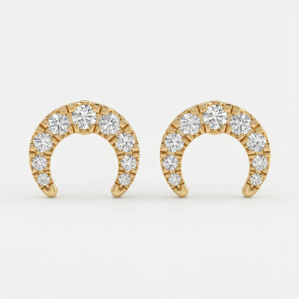  Yellow gold diamond crescent stud earrings with pavé round diamonds on clean white background