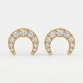  Yellow gold diamond crescent stud earrings with pavé round diamonds on clean white background