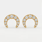 Yellow gold diamond crescent stud earrings with pavé round diamonds on clean white background