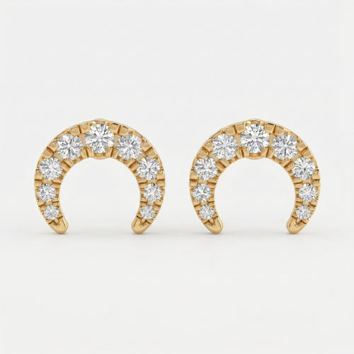  Yellow gold diamond crescent stud earrings with pavé round diamonds on clean white background