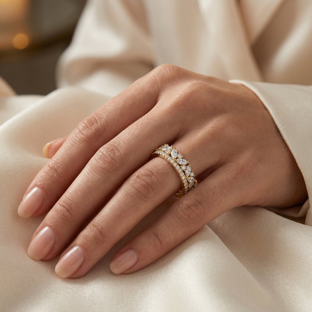 Woman wearing yellow gold diamond crown wedding band showing scale, sparkle and everyday elegance