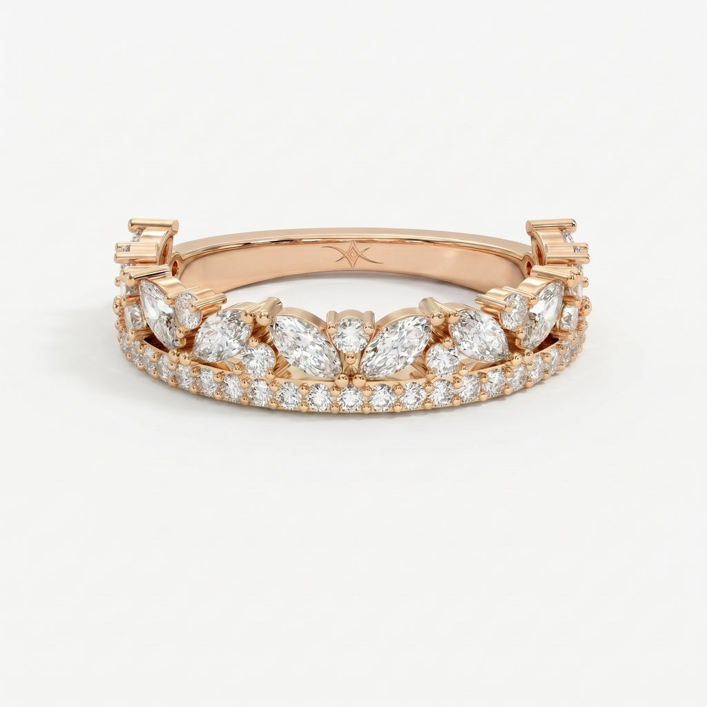 Top view of Rose gold diamond eternity ring featuring marquise and round brilliant stones