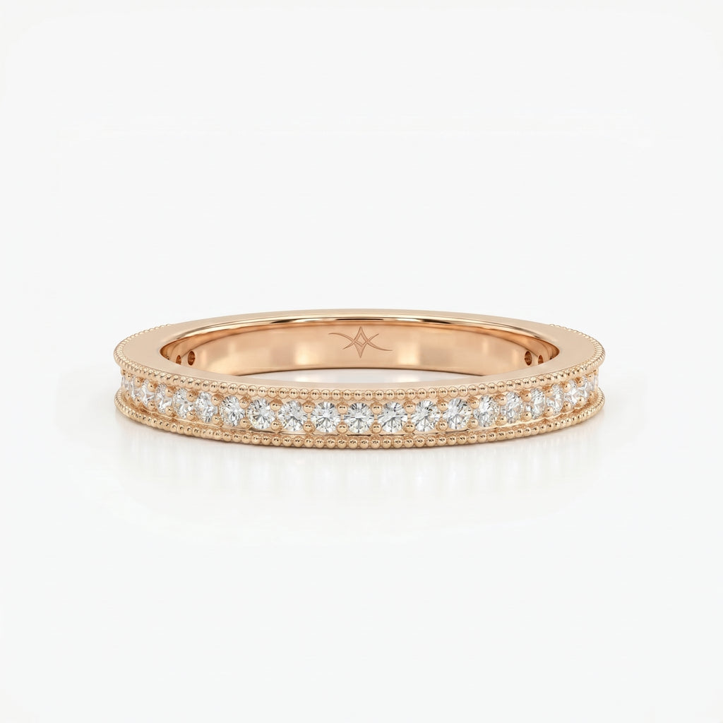 Diamond eternity wedding band styled with engagement ring in a modern bridal jewelry lifestyle scene.
