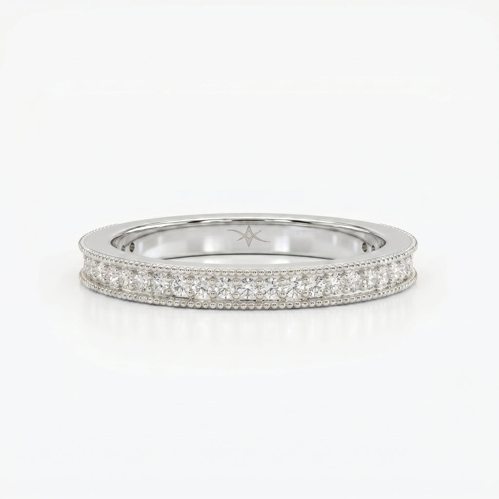 Diamond eternity band highlighting brilliant diamonds, milgrain detailing, comfort fit, and fine craftsmanship.