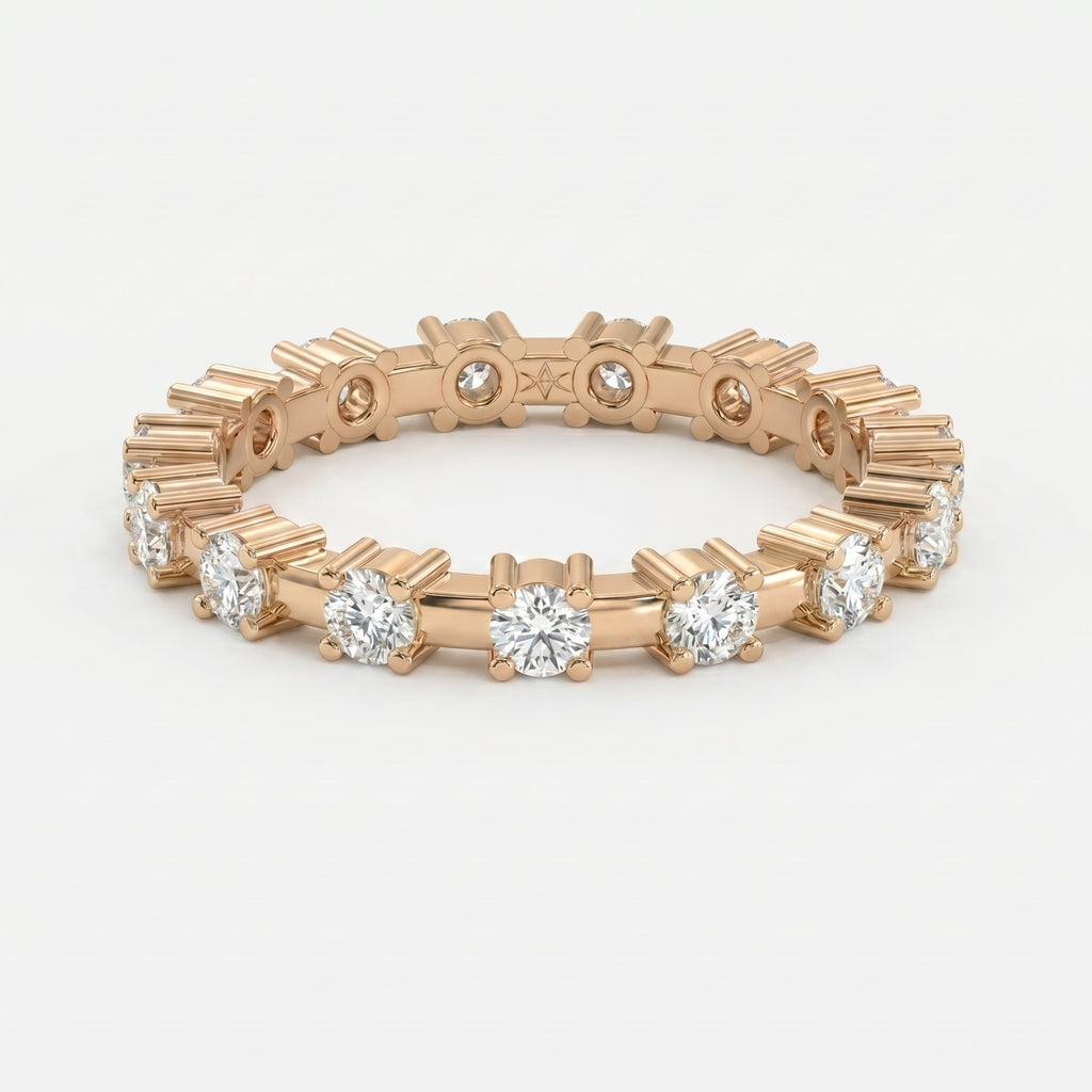 Rose gold eternity ring with round brilliant diamonds shown at 45-degree angle highlighting craftsmanship and sparkle.