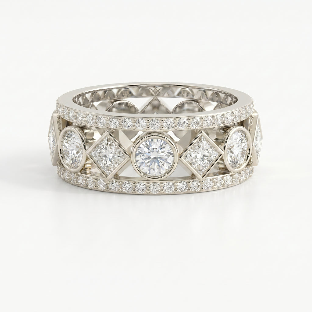 Side profile of diamond eternity band showing open gallery design, pavé diamonds and premium craftsmanship