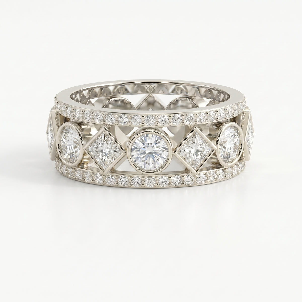 Side profile of diamond eternity band showing open gallery design, pavé diamonds and premium craftsmanship