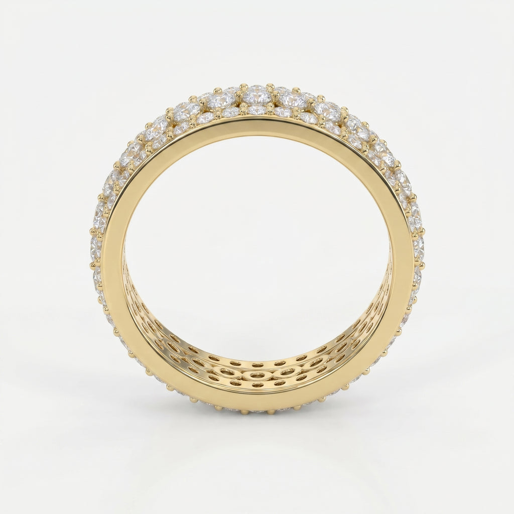 Luxury diamond eternity band with round brilliant diamonds in premium gold setting on clean white background