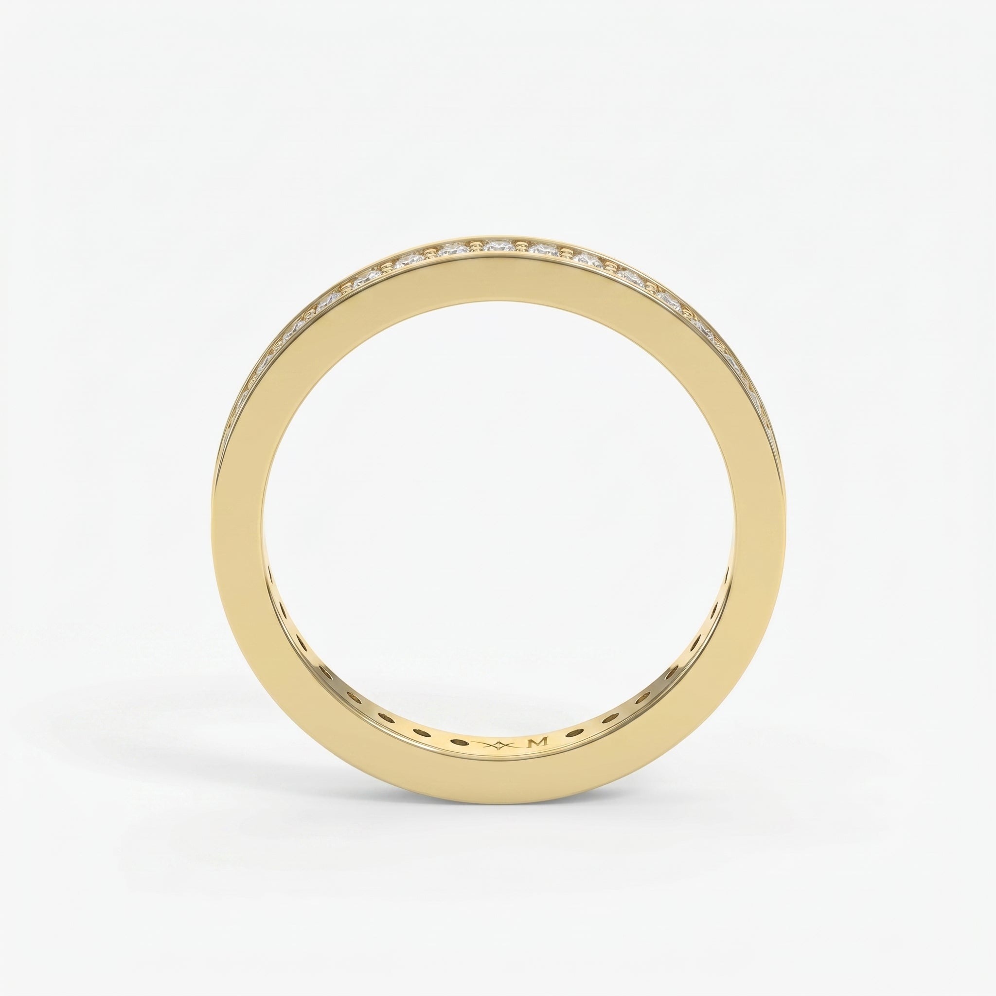 Yellow gold diamond eternity band with channel-set round diamonds, luxury wedding ring with polished finish