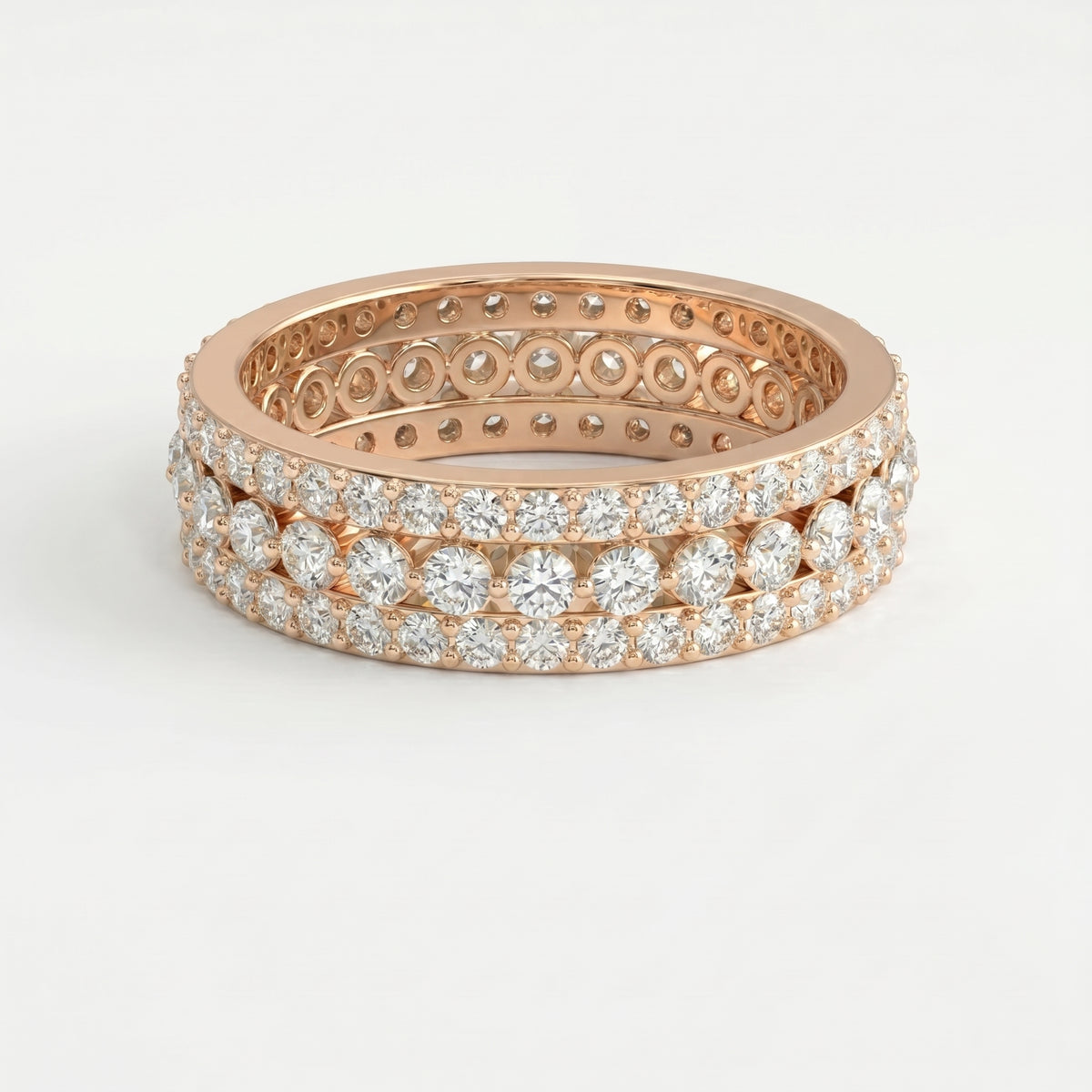 Front view of diamond eternity ring featuring multiple rows of round brilliant diamonds and premium craftsmanship