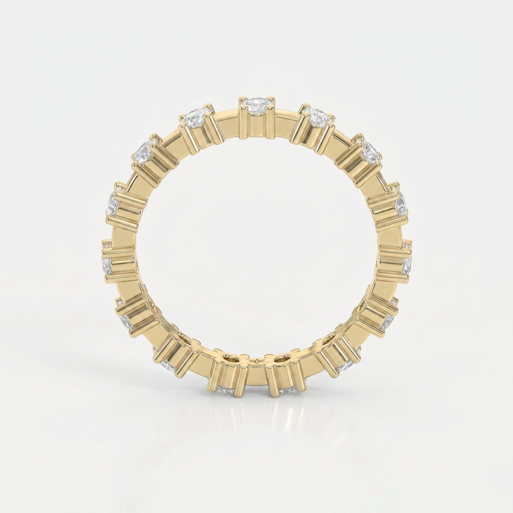 Round diamond eternity band in yellow gold with full-circle diamonds, luxury wedding ring photographed on white background.