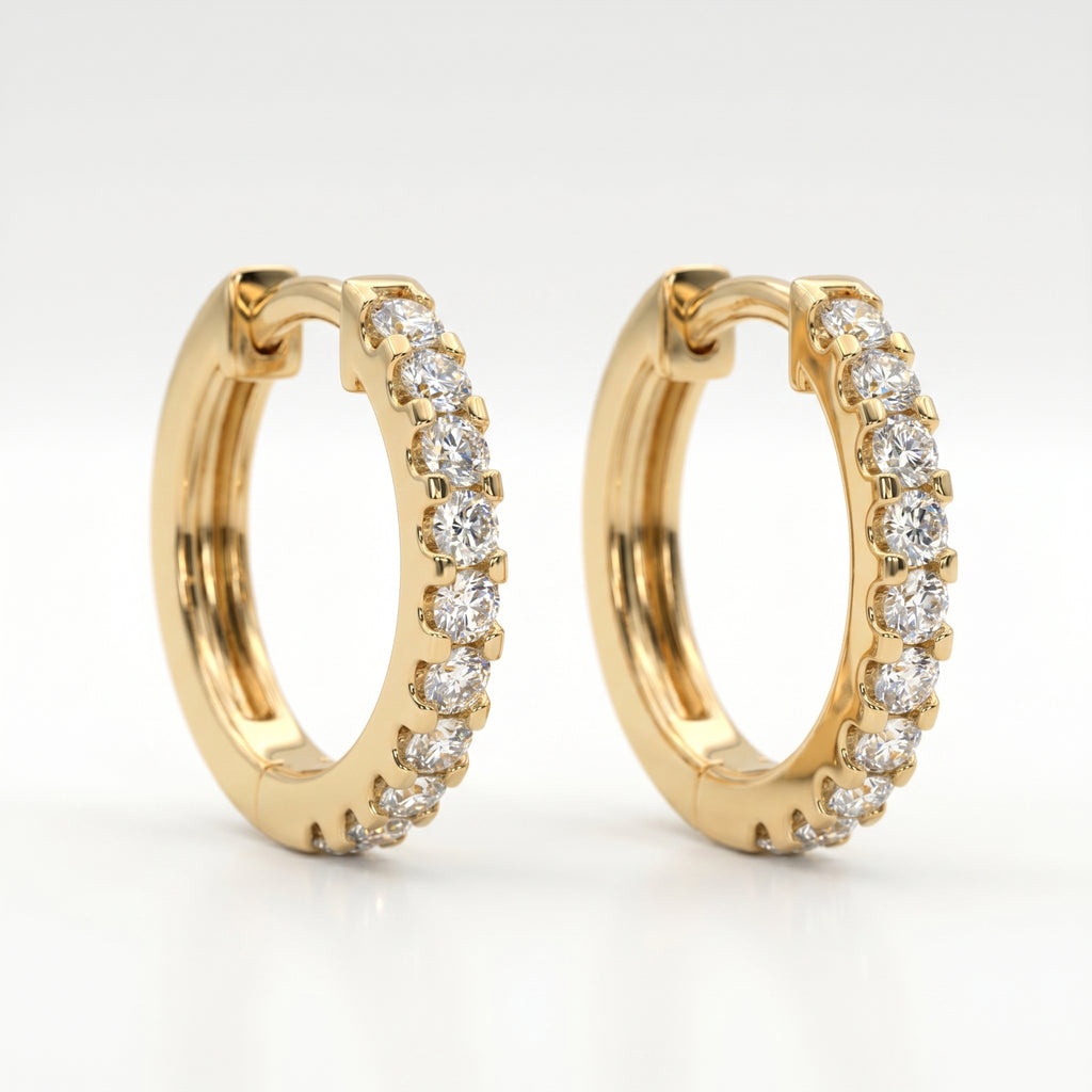 Woman wearing minimalist rose gold diamond huggie hoop earrings for elegant everyday luxury styling
