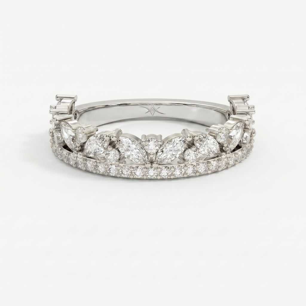 Luxury marquise and round diamond wedding band in white gold with pavé accents shown in front studio view