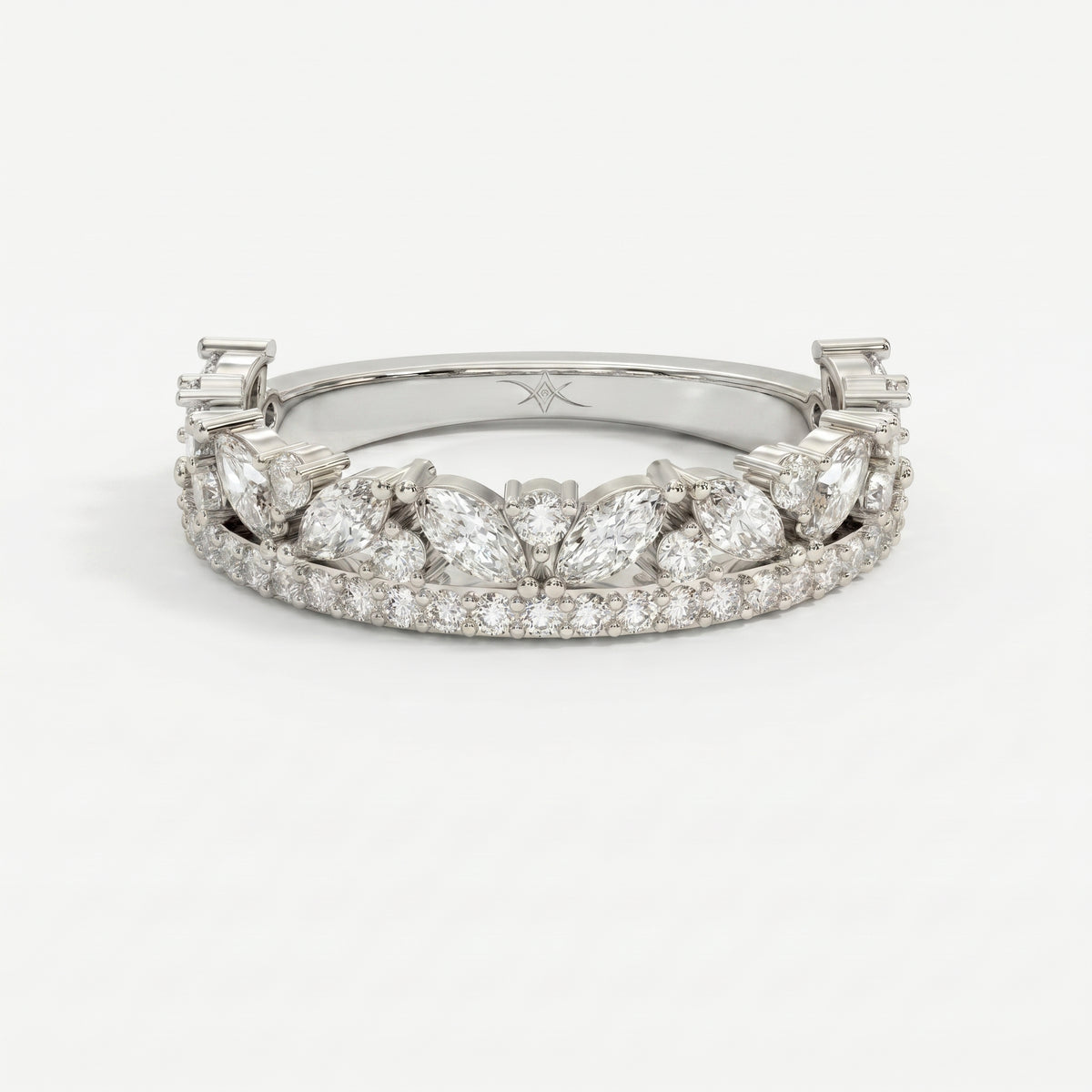 Luxury marquise and round diamond wedding band in white gold with pavé accents shown in front studio view