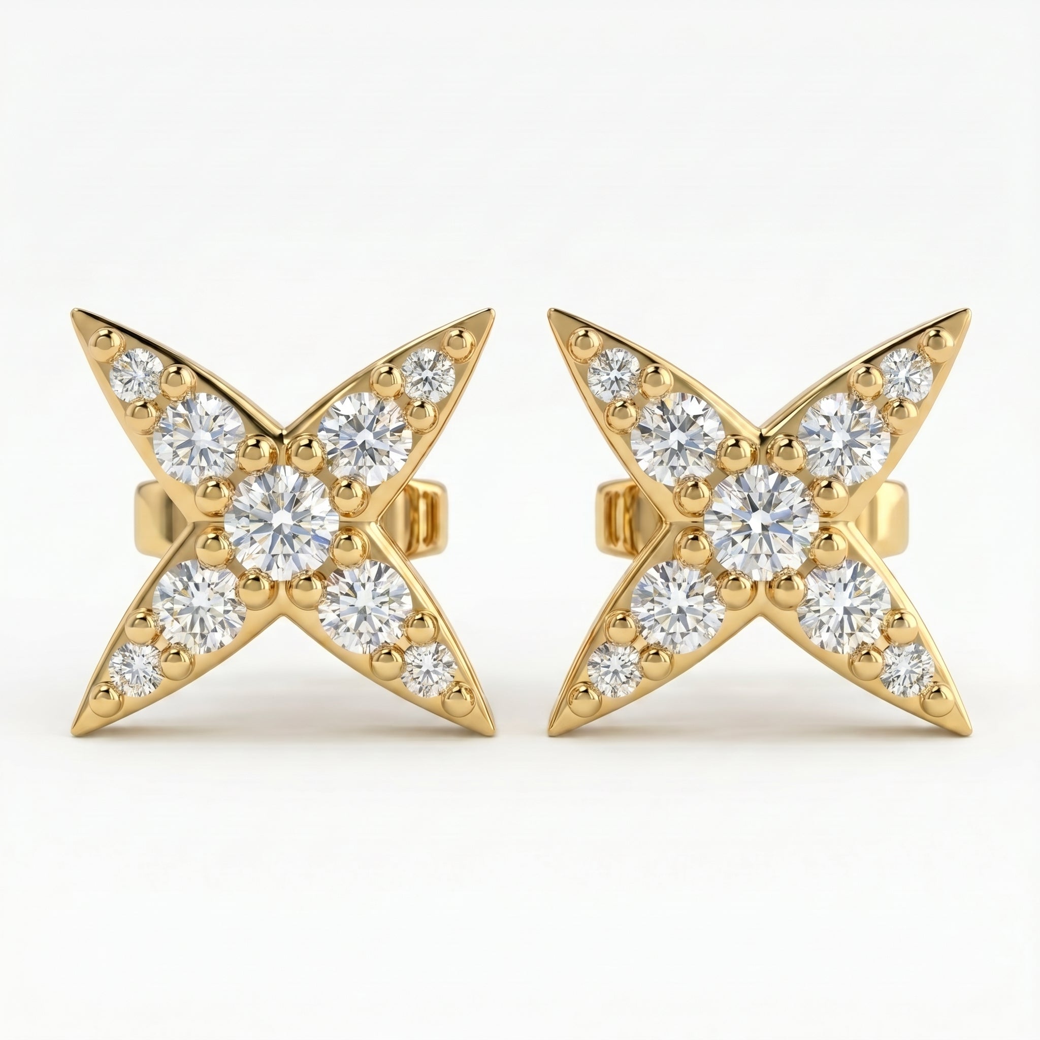 Side profile of diamond star stud earrings featuring secure post backing and polished fine jewelry finish